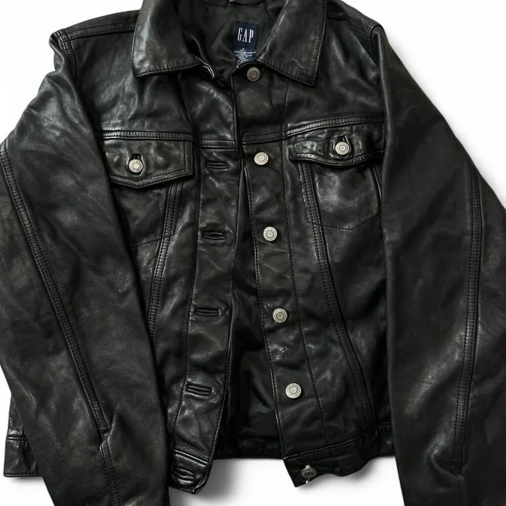 Vintage Y2K Gap Black Leather Jacket - Picture 1 of 4